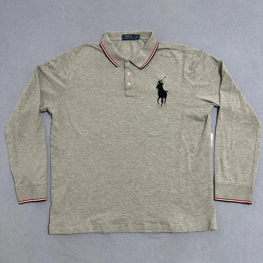Polo Ralph Lauren Big Pony Polo Shirt Tipped Collar Long Sleeve Gray Mens XXL